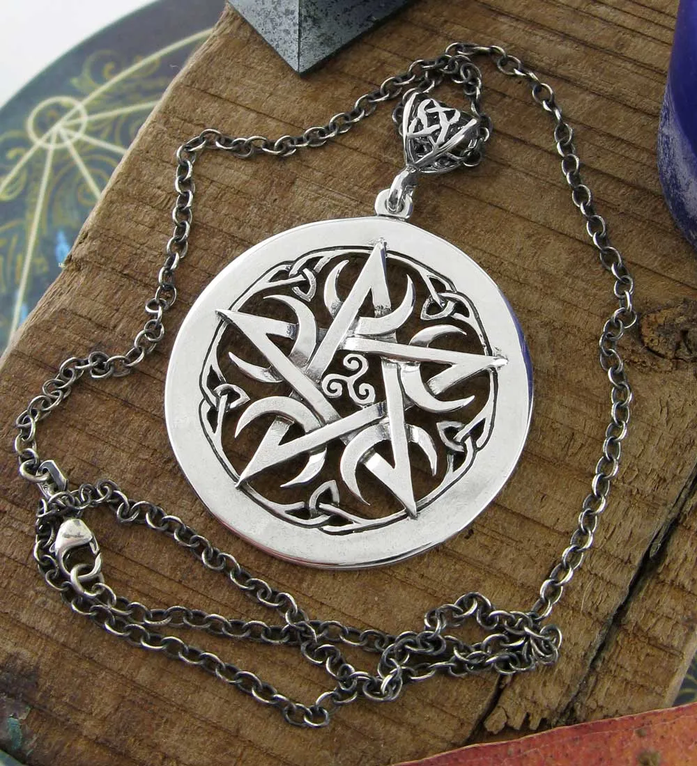 Large 1.5 Five Crescent Moons Celtic Pentacle Pendant, Engravable, Handmade