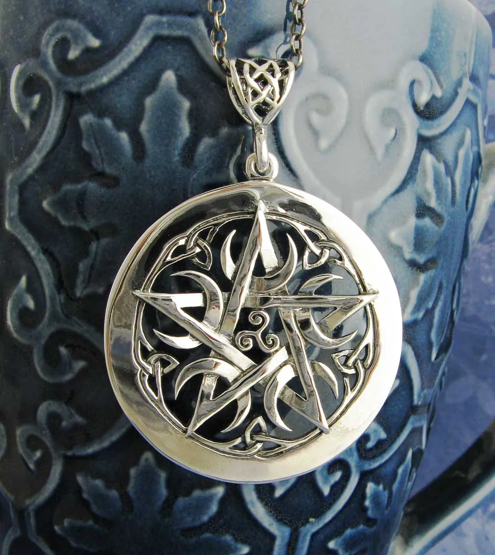 Large 1.5 Five Crescent Moons Celtic Pentacle Pendant, Engravable, Handmade