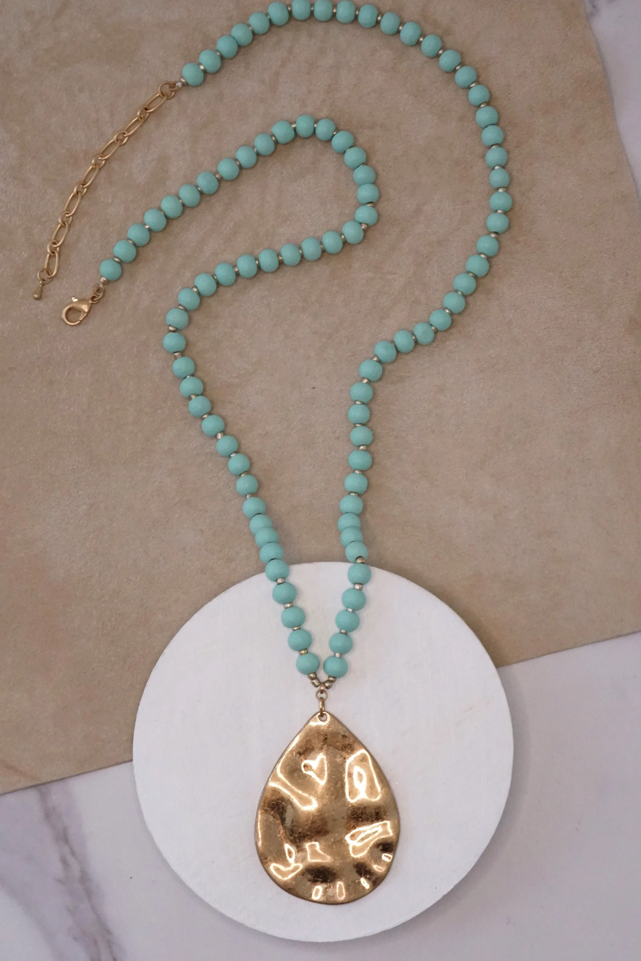 Long Wooden Bead Necklace with gold teardrop - Mint Green