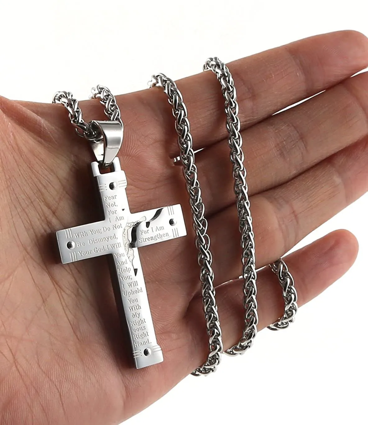 Men's Stainless Steel Pendant Necklace Cross Bible Lords Prayer