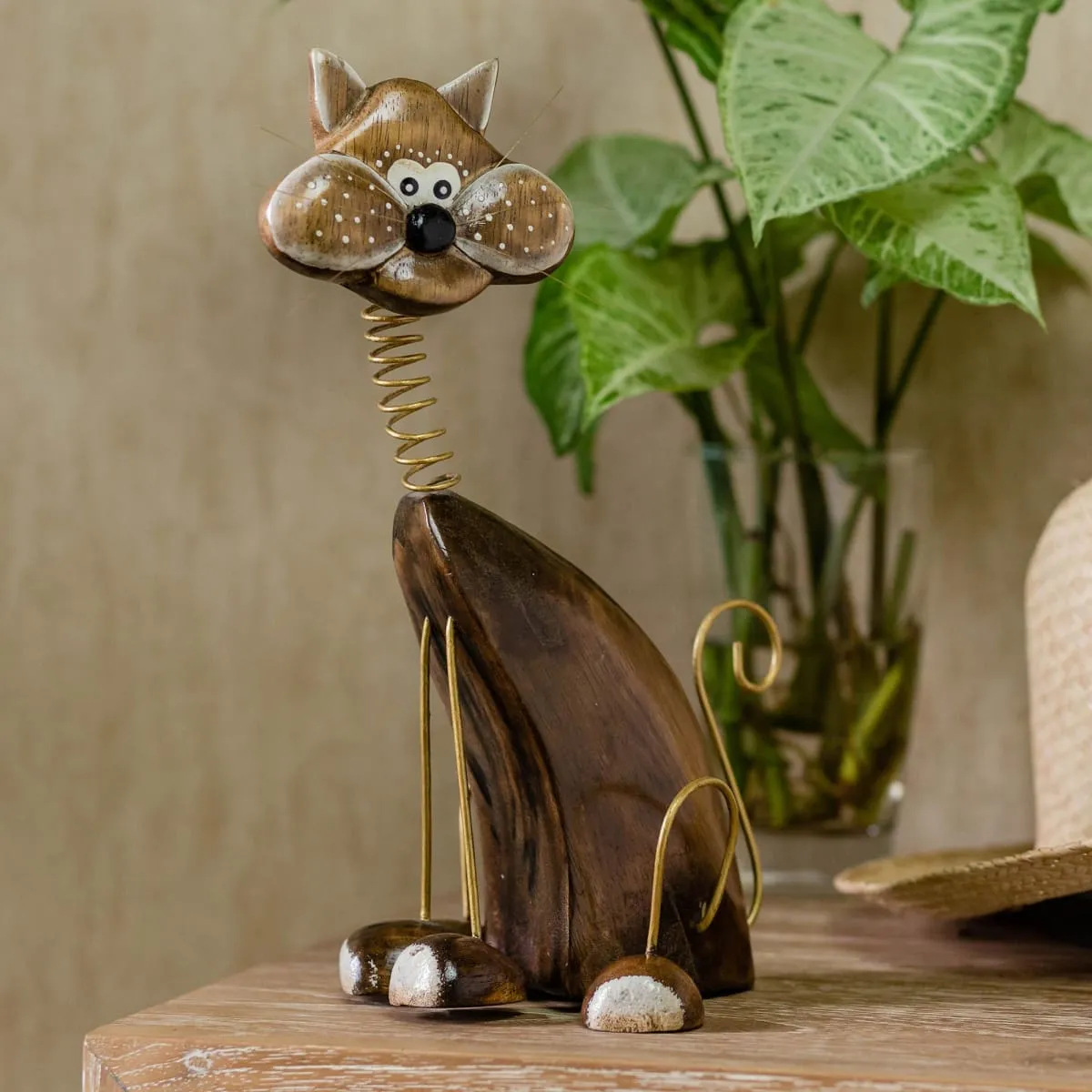 Novica Chocolate Cat Wood Statuette