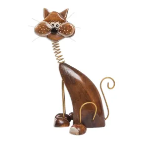 Novica Chocolate Cat Wood Statuette