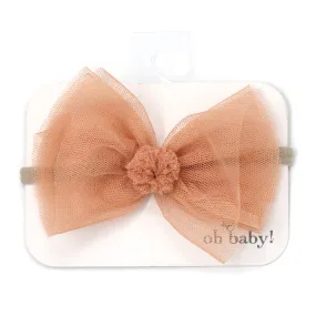 oh baby! Bow with Pom Pom Center on Nylon Headband - Vintage Pink