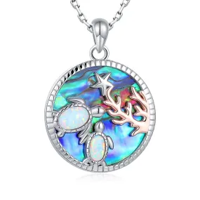 Opal Abalone Sea Turtle 925 Sterling Silver Pendant Necklace