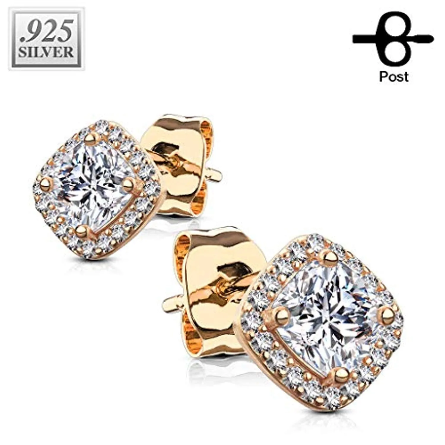 Pair of .925 Sterling Silver WildKlass Stud Earrings/CZ Paved Square with Cushion CZ Center