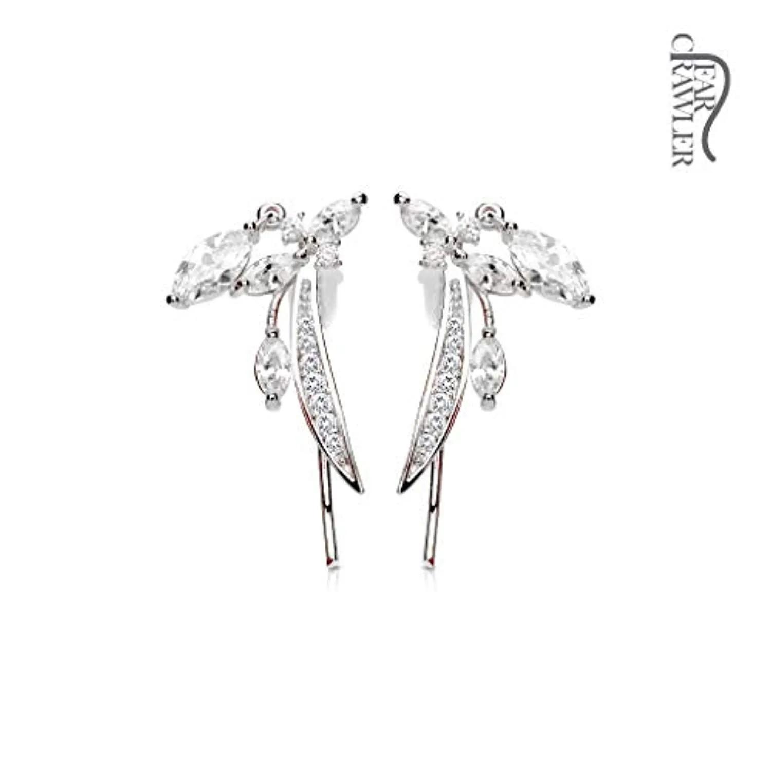 Pair of CZ Paved Feather and Marquise CZ Dangle Prepacked WildKlass Ear Crawler/Ear Climber