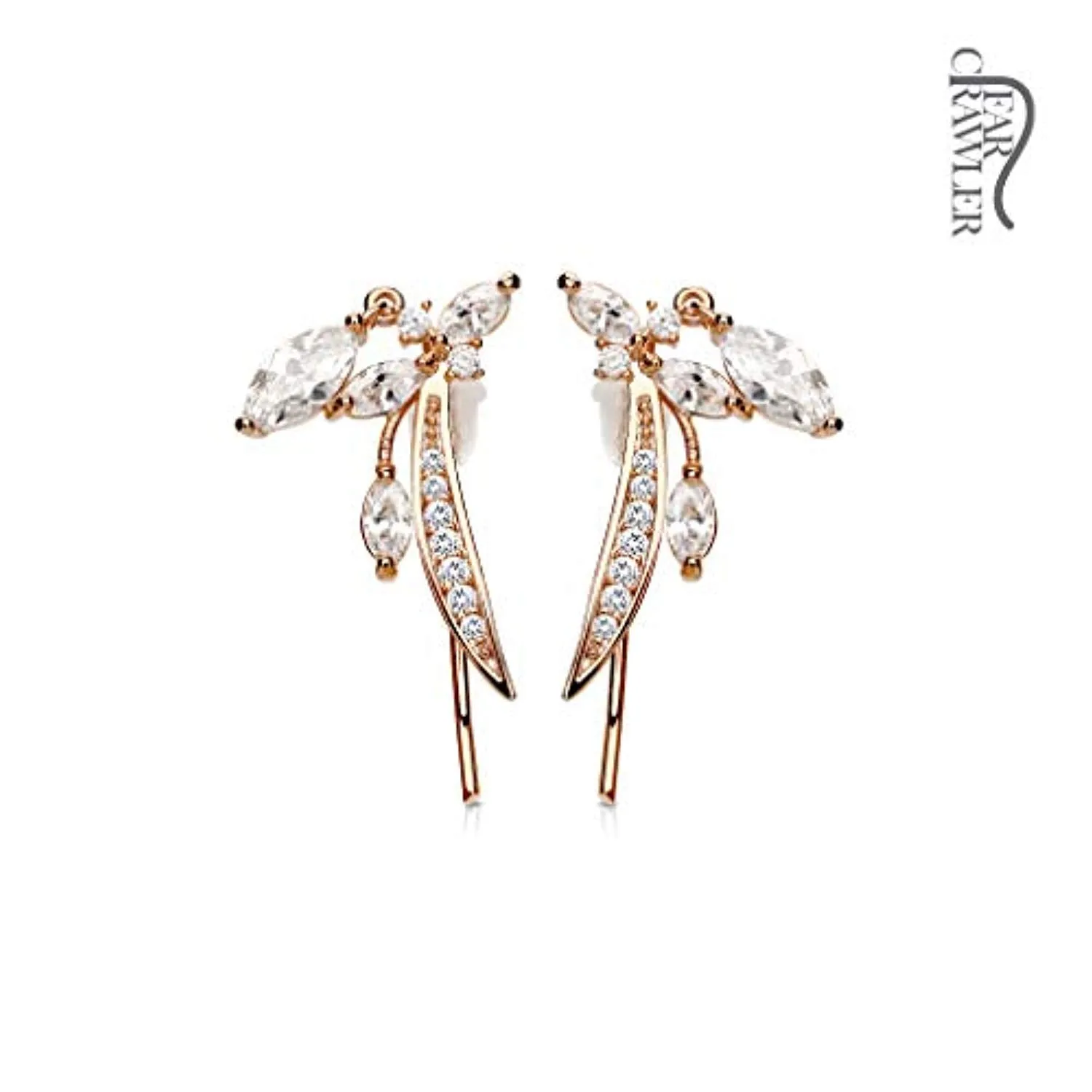 Pair of CZ Paved Feather and Marquise CZ Dangle Prepacked WildKlass Ear Crawler/Ear Climber