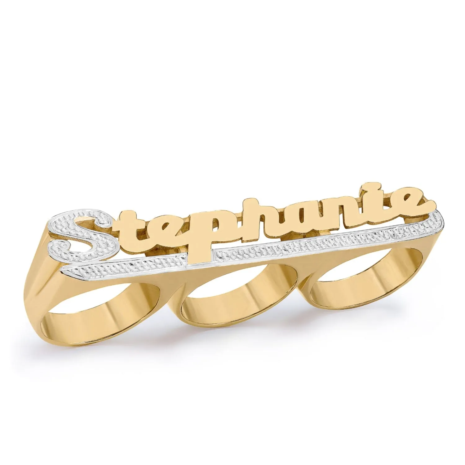 Personalized Three-Finger Name Ring with Beading and Rhodium