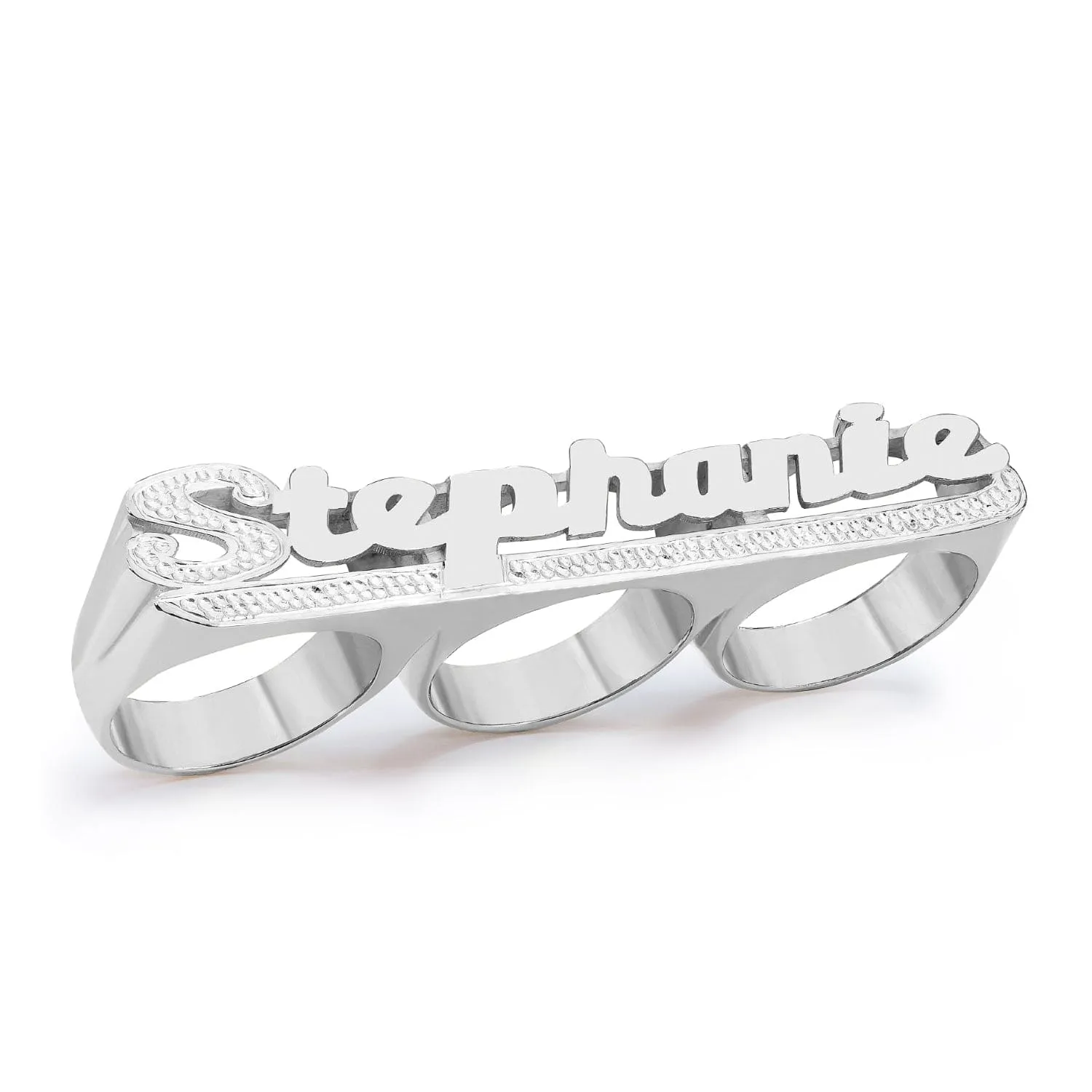 Personalized Three-Finger Name Ring with Beading and Rhodium