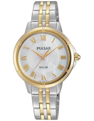 Pulsar Womens Dress Solar Watch - Two-Tone - Mother of Pearl Dial - 30m