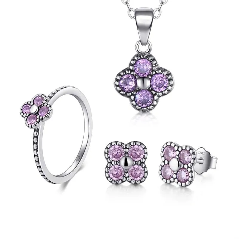 Purple Flower Cubic Zirconia 925 Sterling Silver Necklace, Earrings & Ring Fashion Jewelry Set