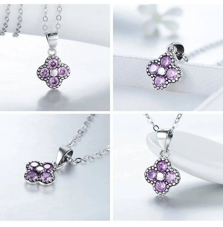 Purple Flower Cubic Zirconia 925 Sterling Silver Necklace, Earrings & Ring Fashion Jewelry Set