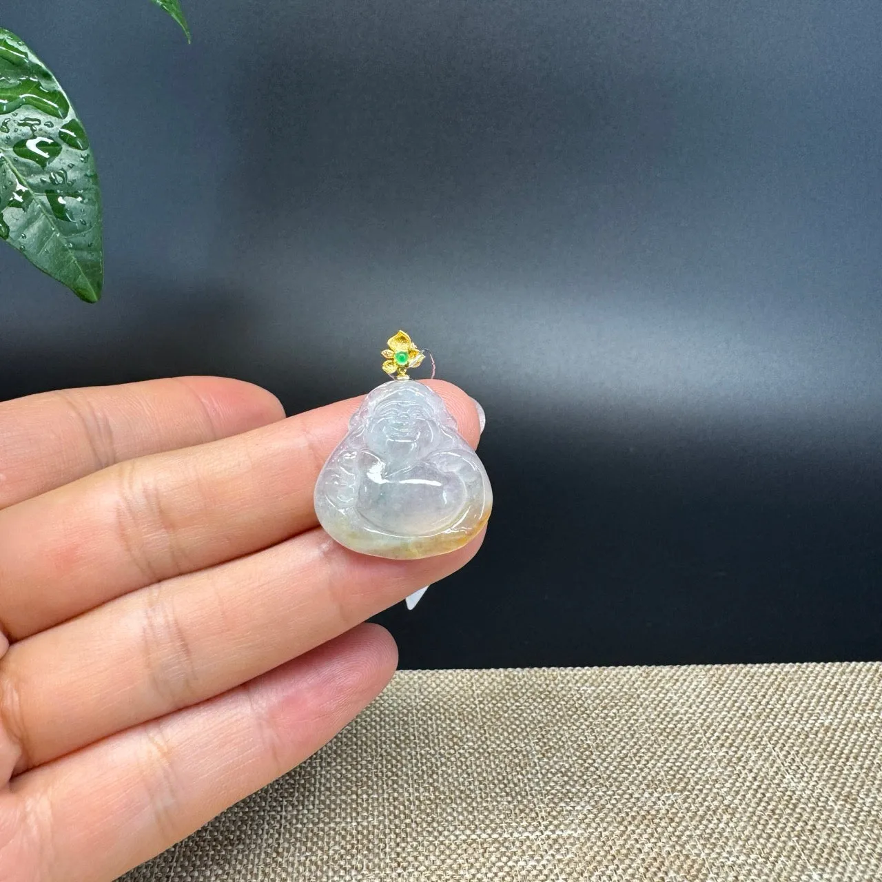 "Good Luck Button" Ice Yellow Jadeite Jade Happy Buddha Pendant With 18K Yellow Gold