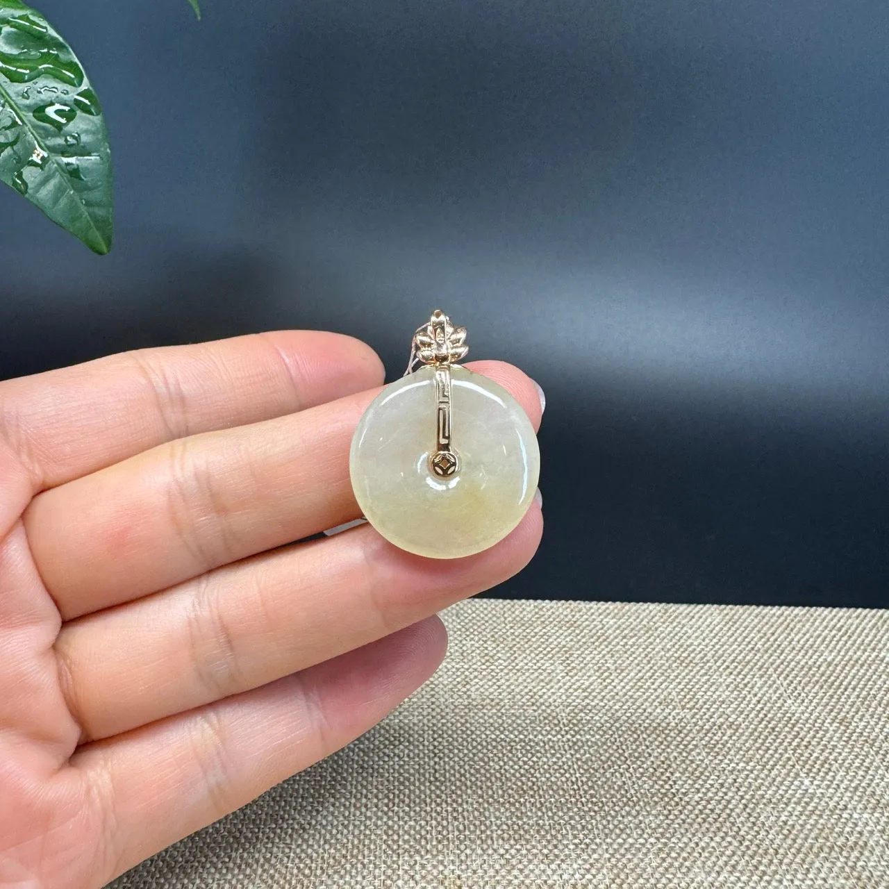 "Good Luck Button" Icy Yellow Jadeite Jade Lucky KouKou Pendant With 18K Yellow Gold Bail