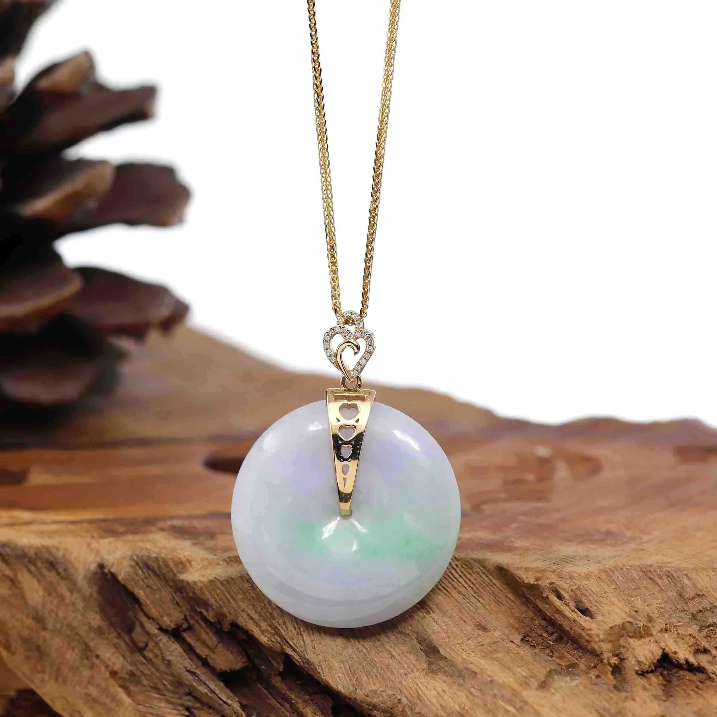 "Good Luck Button" Lavender Jadeite Jade Lucky KouKou Pendant With 14K Yellow Gold Diamond Bail