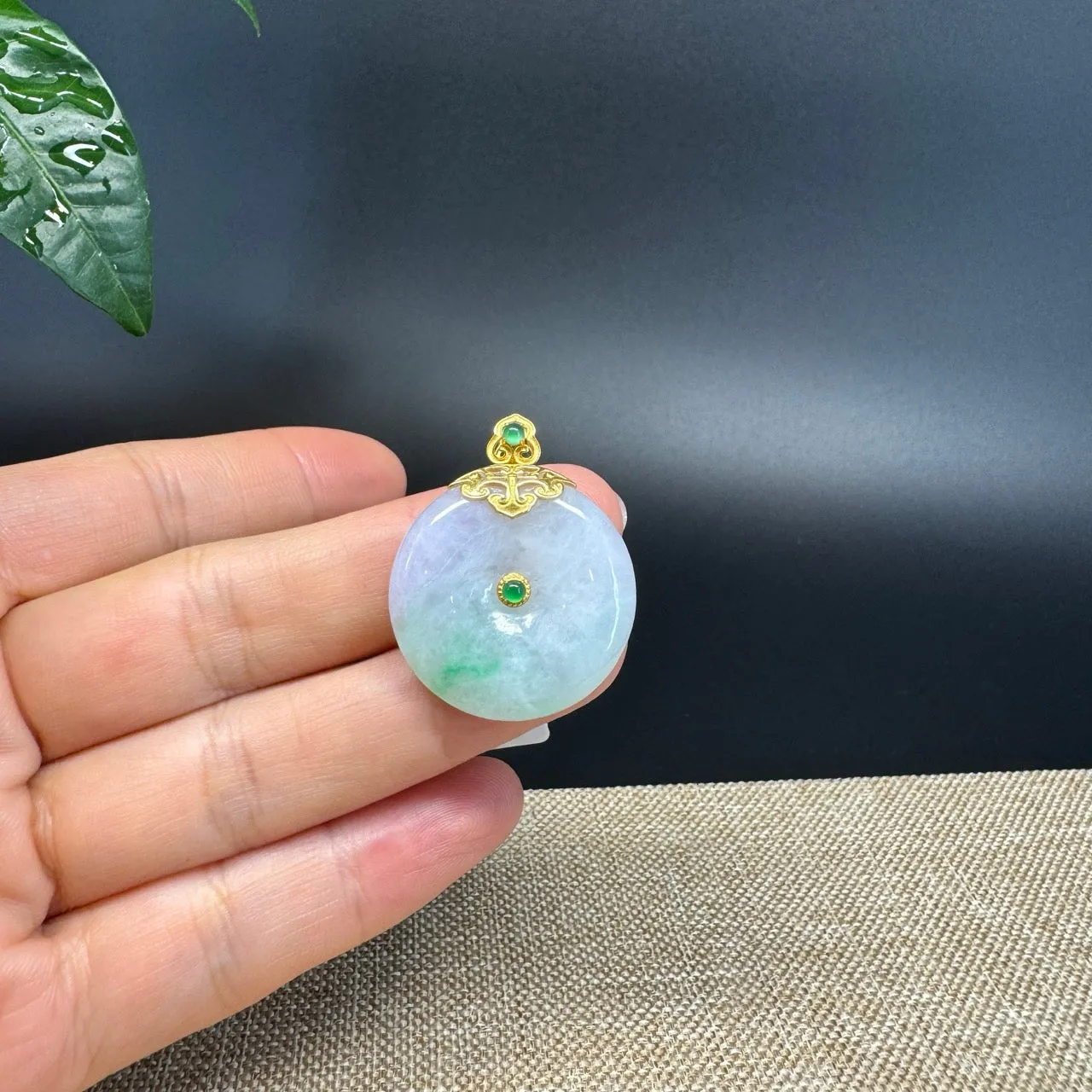 "Good Luck Button"Lavender Green Jadeite Jade Lucky KouKou Pendant With 18K Yellow Gold Bail