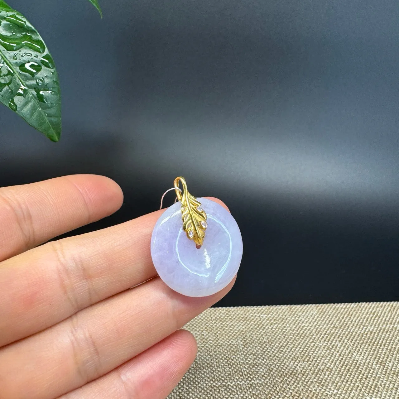 "Good Luck Button"Lavender Jadeite Jade Lucky KouKou Pendant With 18K Yellow Gold  Bail