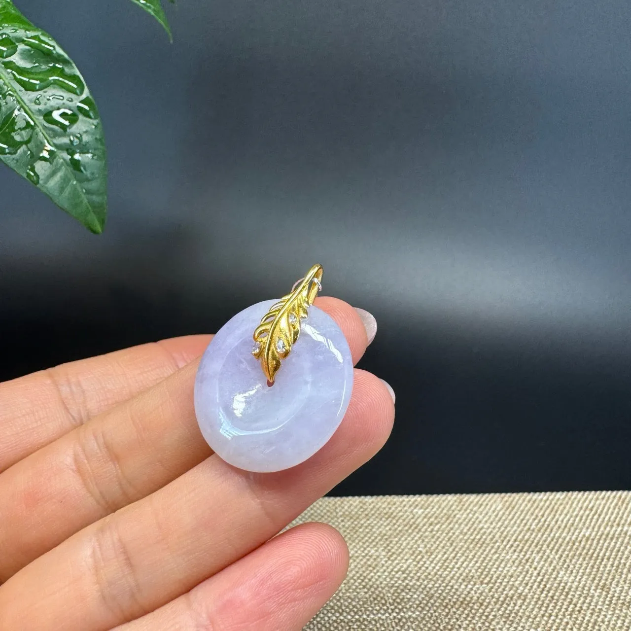 "Good Luck Button"Lavender Jadeite Jade Lucky KouKou Pendant With 18K Yellow Gold  Bail