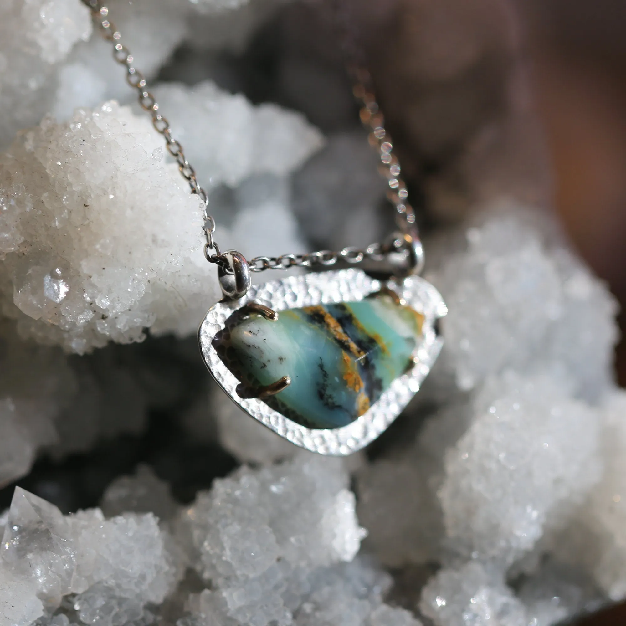 Ready to Ship - Peruvian Blue Opal Necklace - 14K Gold Prong Pendant - Sterling Silver - Blue Opal Pendant