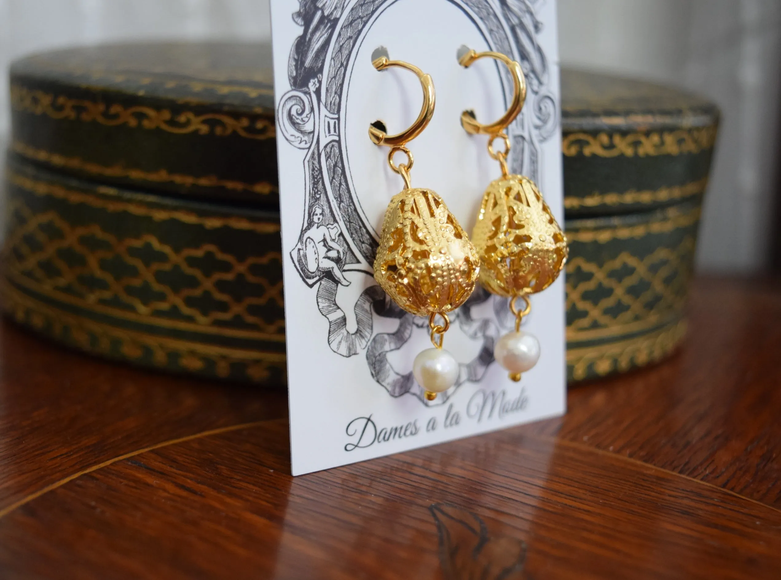 Renaissance Filigree Drop and Pearl Earrings