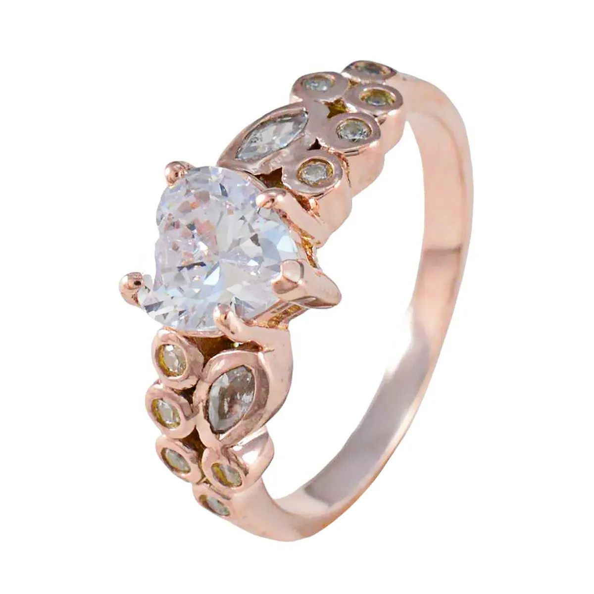 Riyo Choice Silver Ring With Rose Gold Plating White CZ Stone Heart Shape Prong Setting Bridal Jewelry Christmas Ring