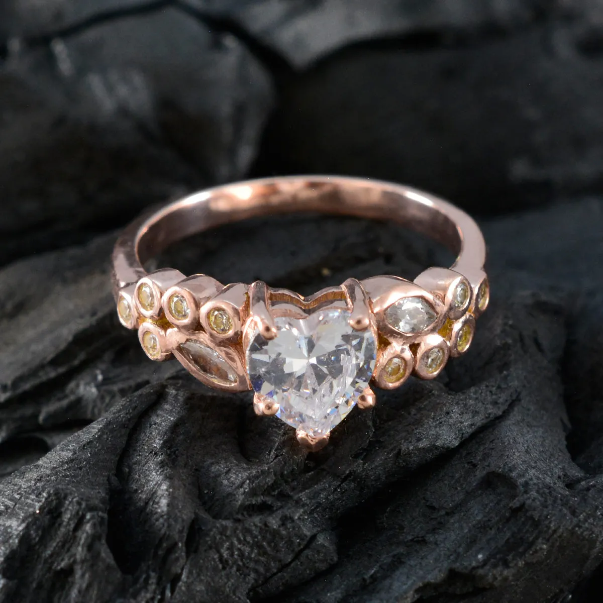 Riyo Choice Silver Ring With Rose Gold Plating White CZ Stone Heart Shape Prong Setting Bridal Jewelry Christmas Ring