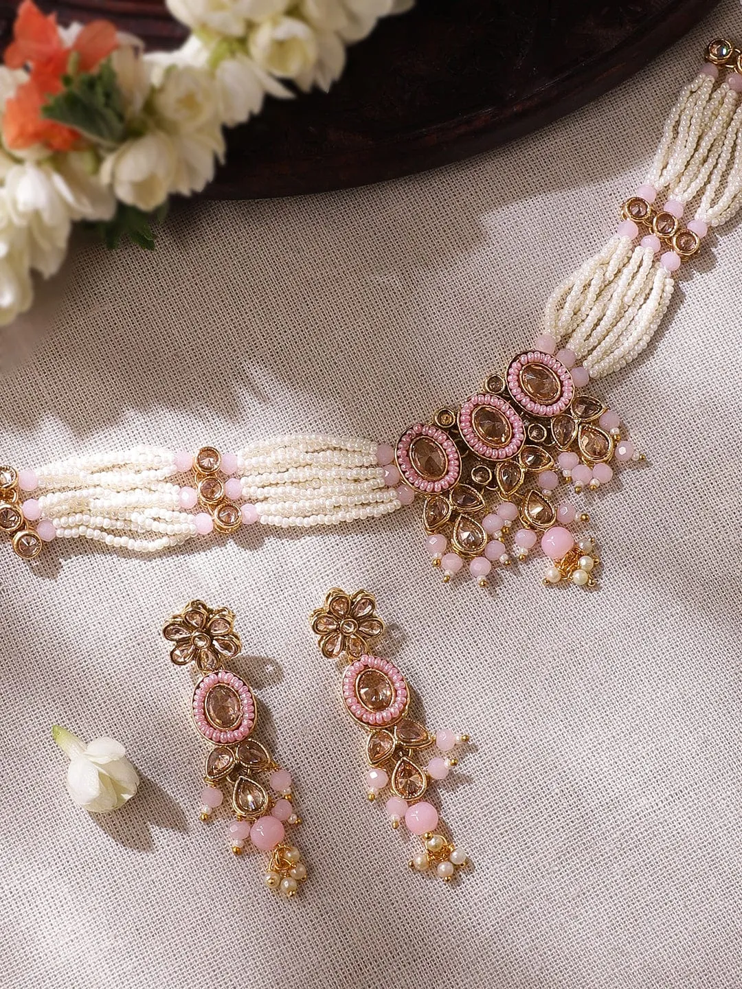 Rubans Reverse AD Choker Set with Whispers of White and Pink Beads