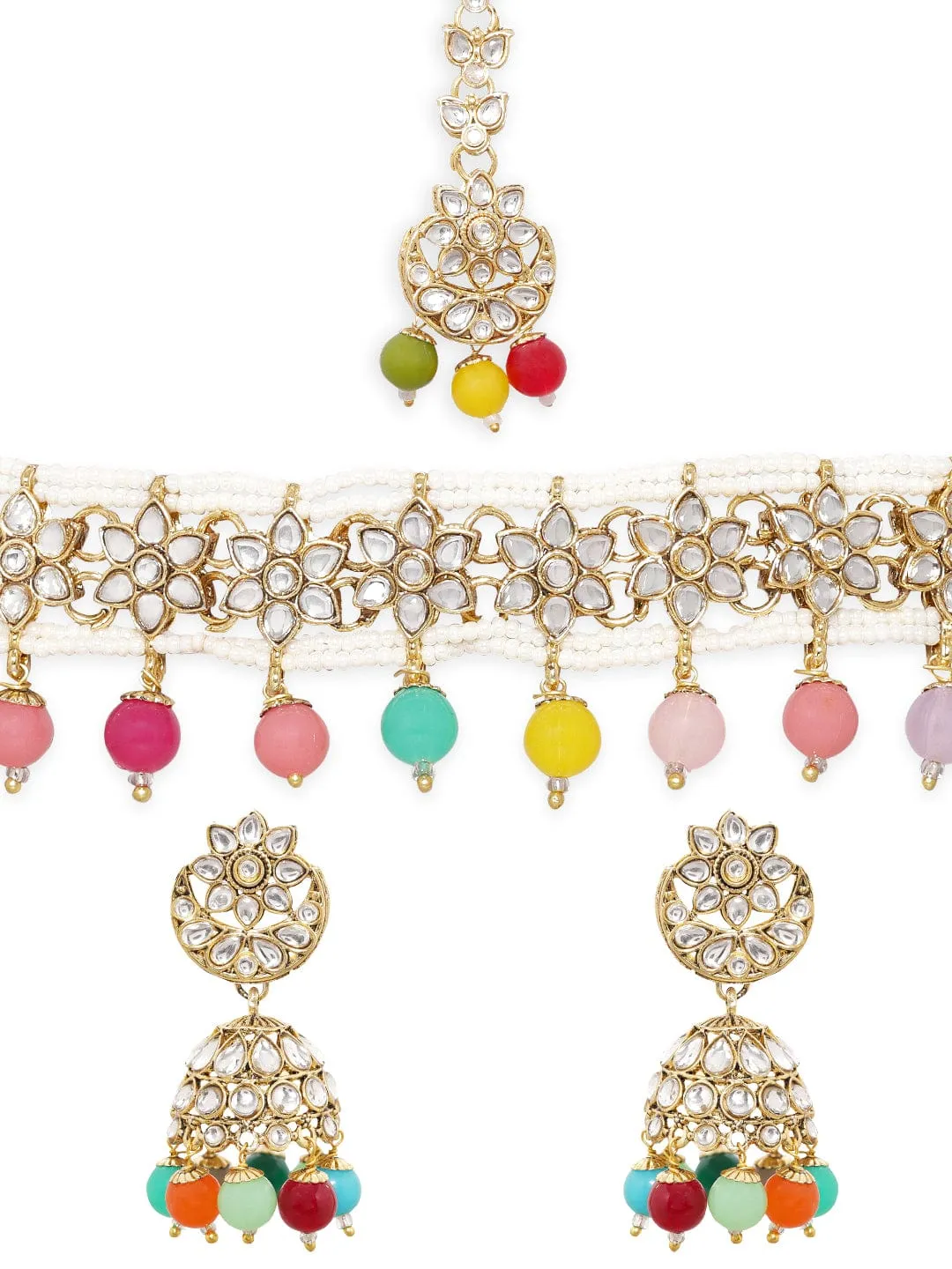 Rubans Ruabsn 24K Gold Plated Kundan Studded Multicolour Beaded Choker Jewellery Set