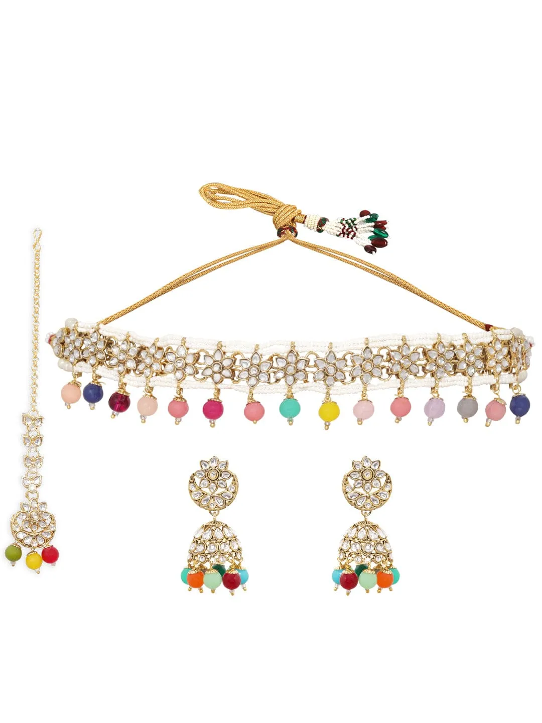 Rubans Ruabsn 24K Gold Plated Kundan Studded Multicolour Beaded Choker Jewellery Set