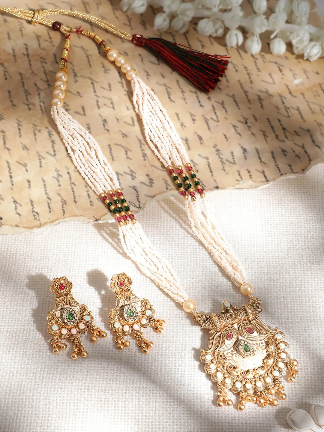 Rubans Rubans 18KT Gold Plated Antique Floral Motif AD and Kundan Studded Temple Jewellery Set