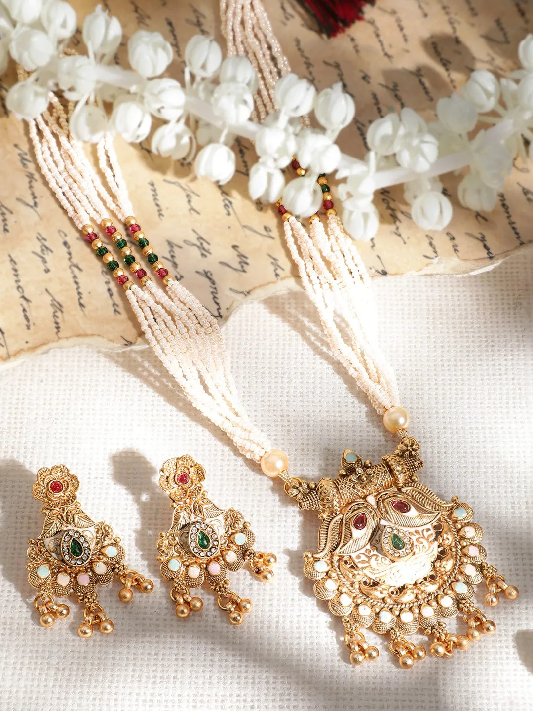 Rubans Rubans 18KT Gold Plated Antique Floral Motif AD and Kundan Studded Temple Jewellery Set