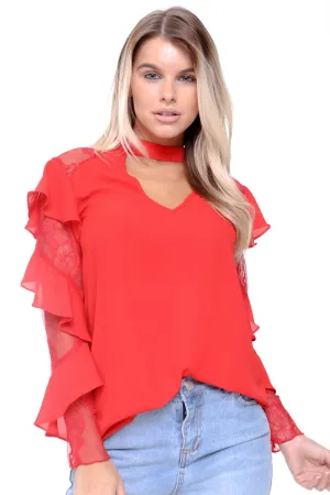 Ruffle Waterfall Lace Sleeve V Neck Choker Blouse Top