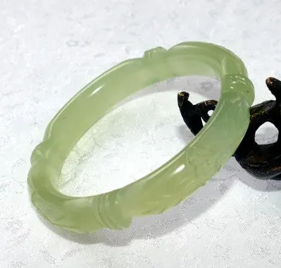 Sale-Flowers and Bamboo Knot Carved Classic Round Chinese Jade Bangle Bracelet 56mm (NJCARV-23-56)