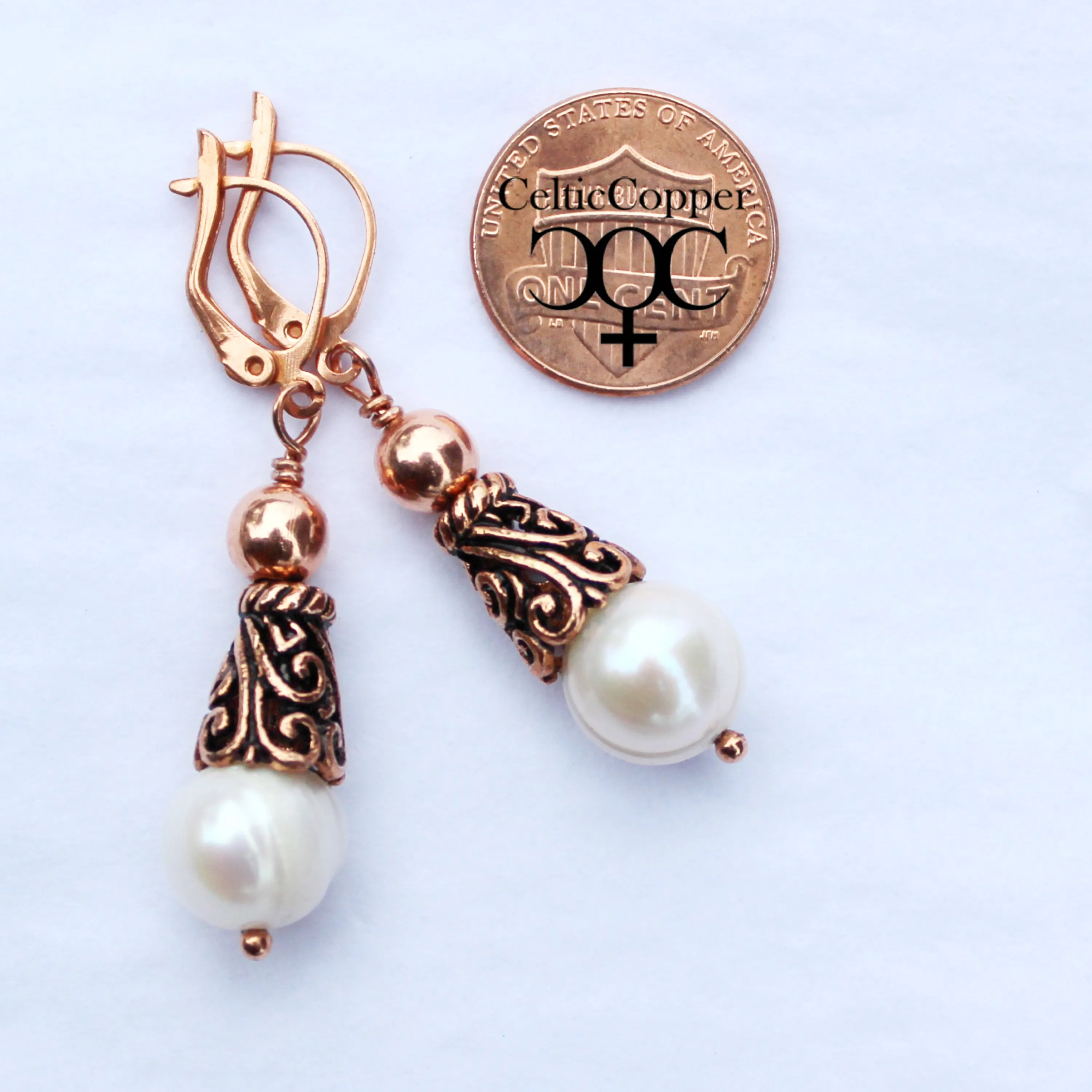 Scrolled Copper And Freshwater Pearl Earrings Large 10mm Creamy White Cultured Pearl Drop Earrings