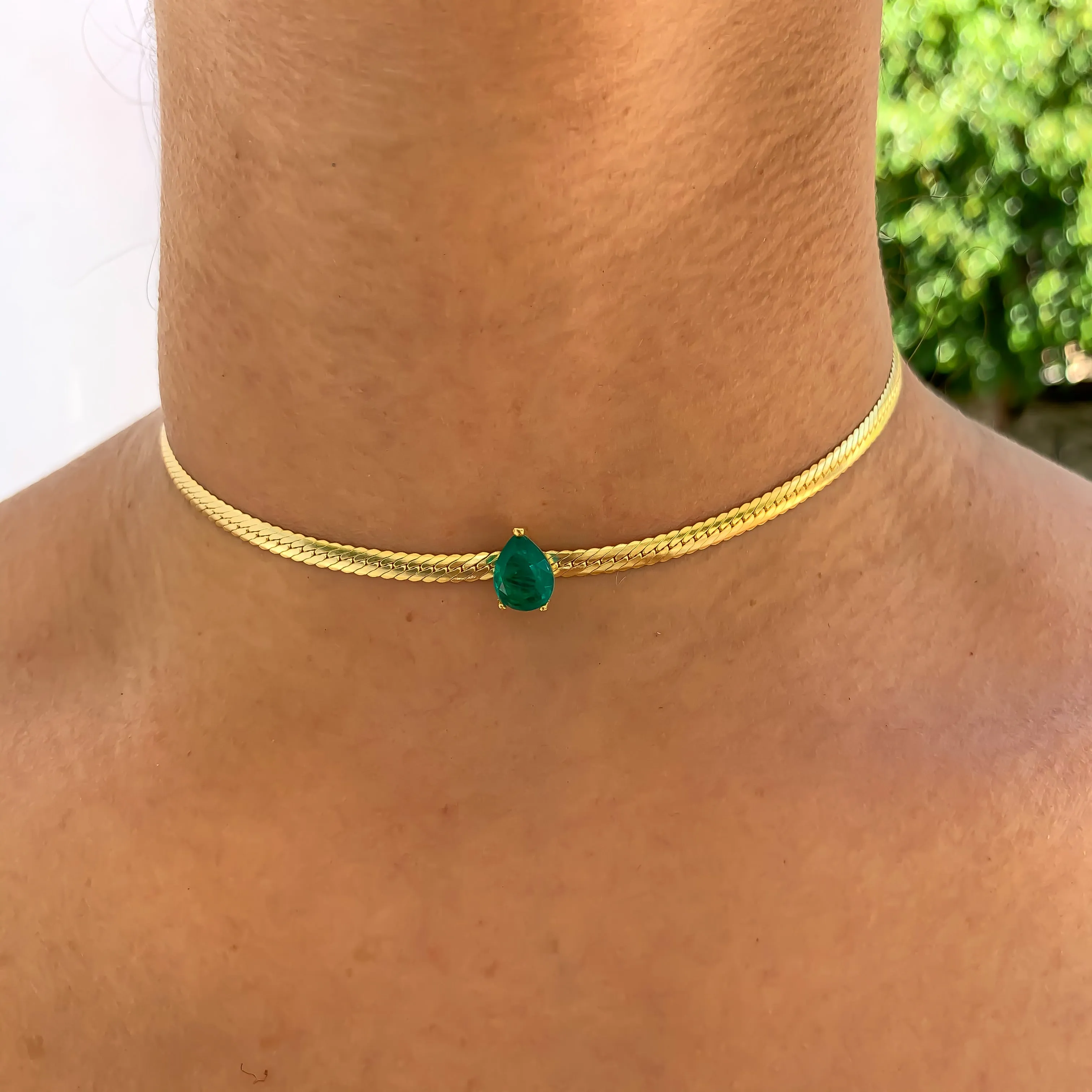 Silver gold plated pear emerald herringbone choker