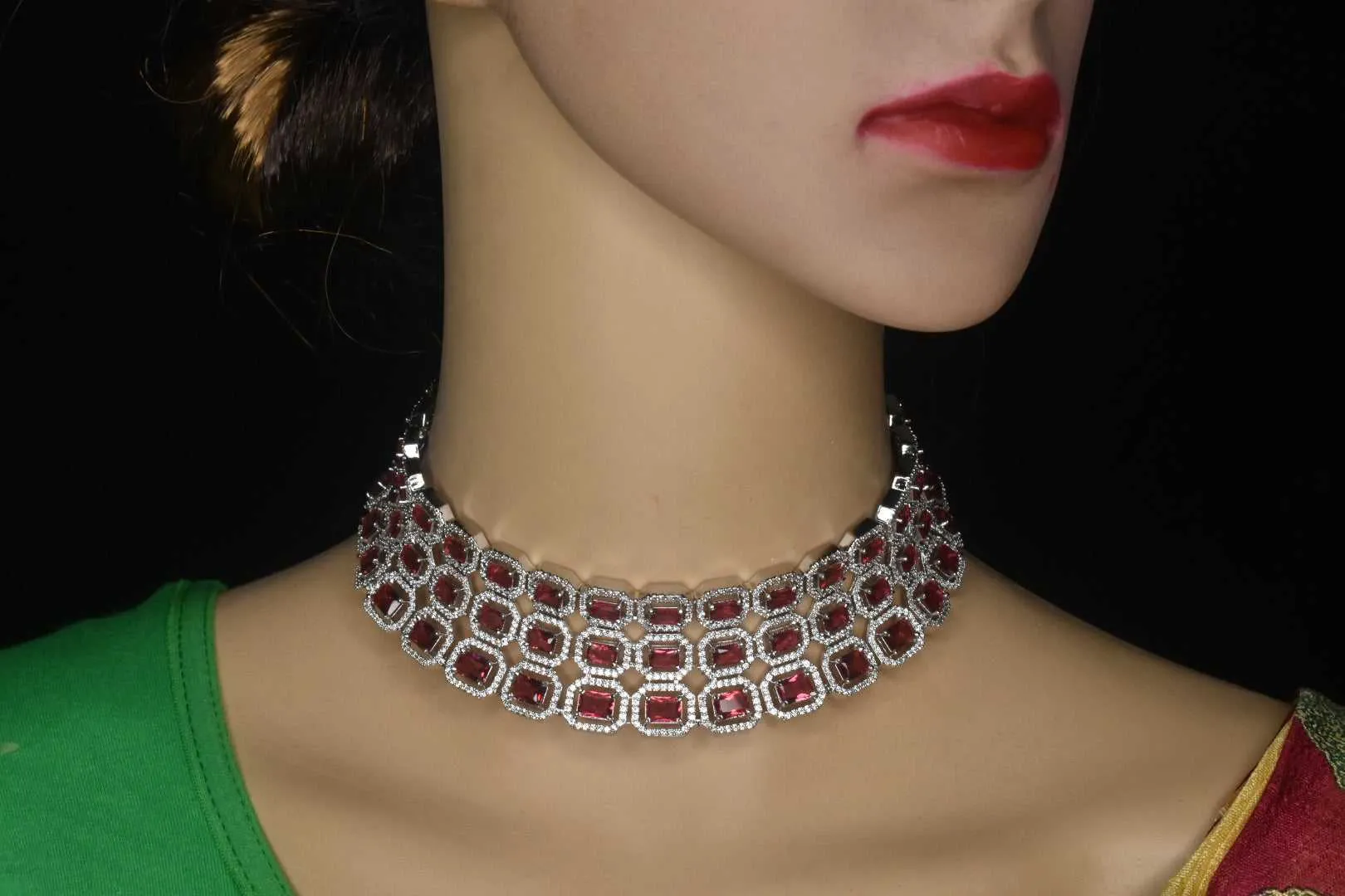 Silver Plated Ruby & American Diamonds Choker Set By Asp Fashion Jewellery