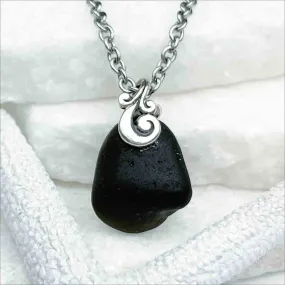 Simple Black Sea Glass Sterling Silver Pendant | #5205