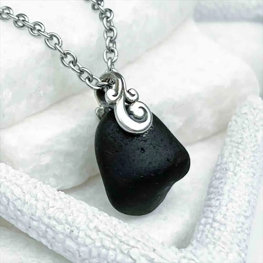 Simple Black Sea Glass Sterling Silver Pendant | #5205