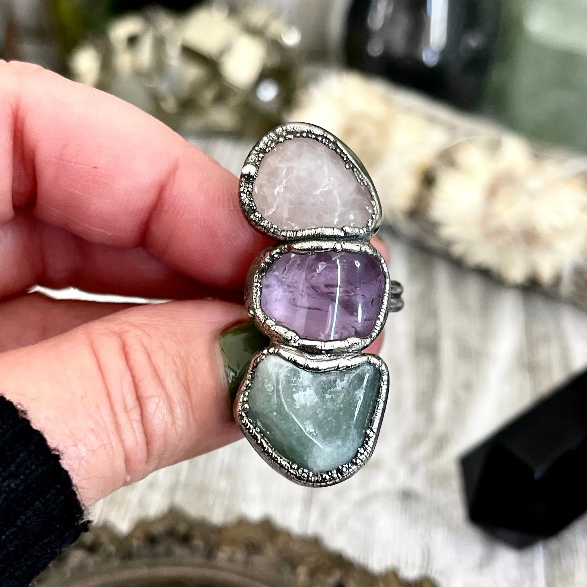 Size 7 Crystal Ring - Three Stone Rose Quartz Amethyst Aventurine Ring in Silver / Foxlark Collection - One of a Kind