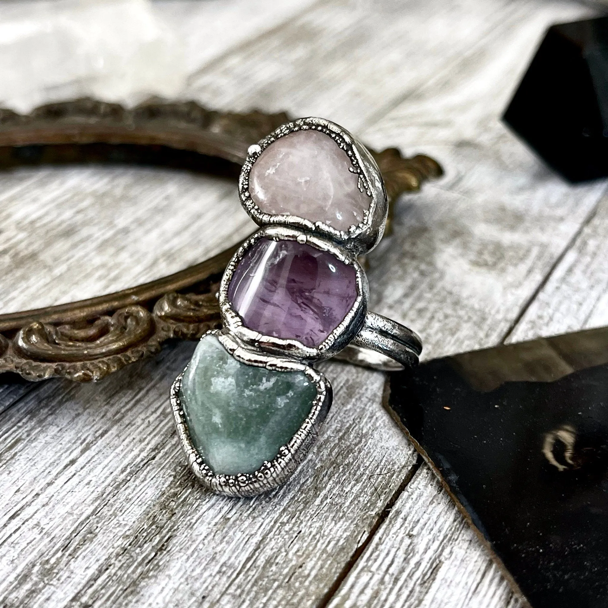 Size 7 Crystal Ring - Three Stone Rose Quartz Amethyst Aventurine Ring in Silver / Foxlark Collection - One of a Kind