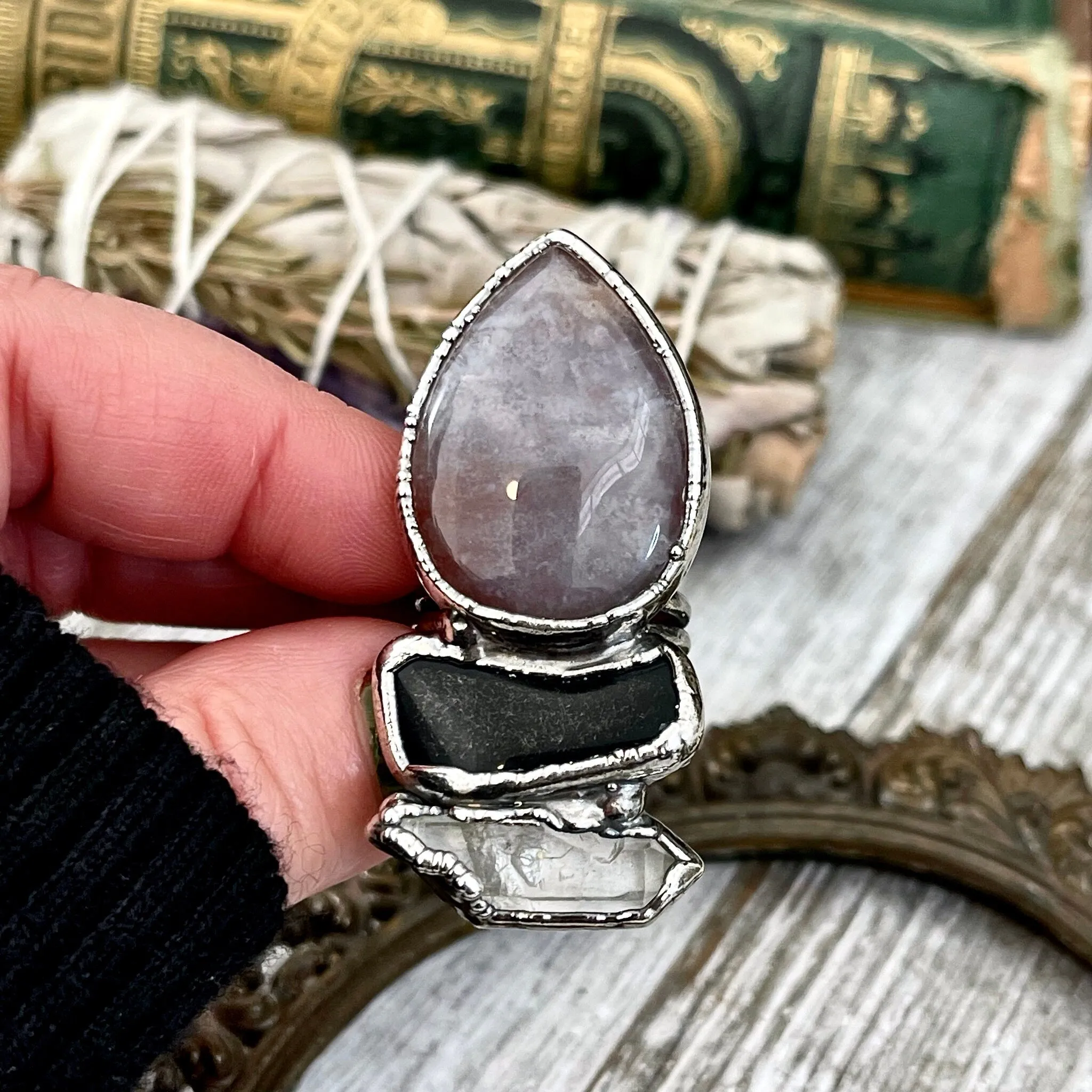 Size 8.5 Crystal Ring - Three Stone Ring Fancy Moss Agate Black Onyx & Raw Quartz Silver Ring / Foxlark Collection - One of a Kind Jewelry