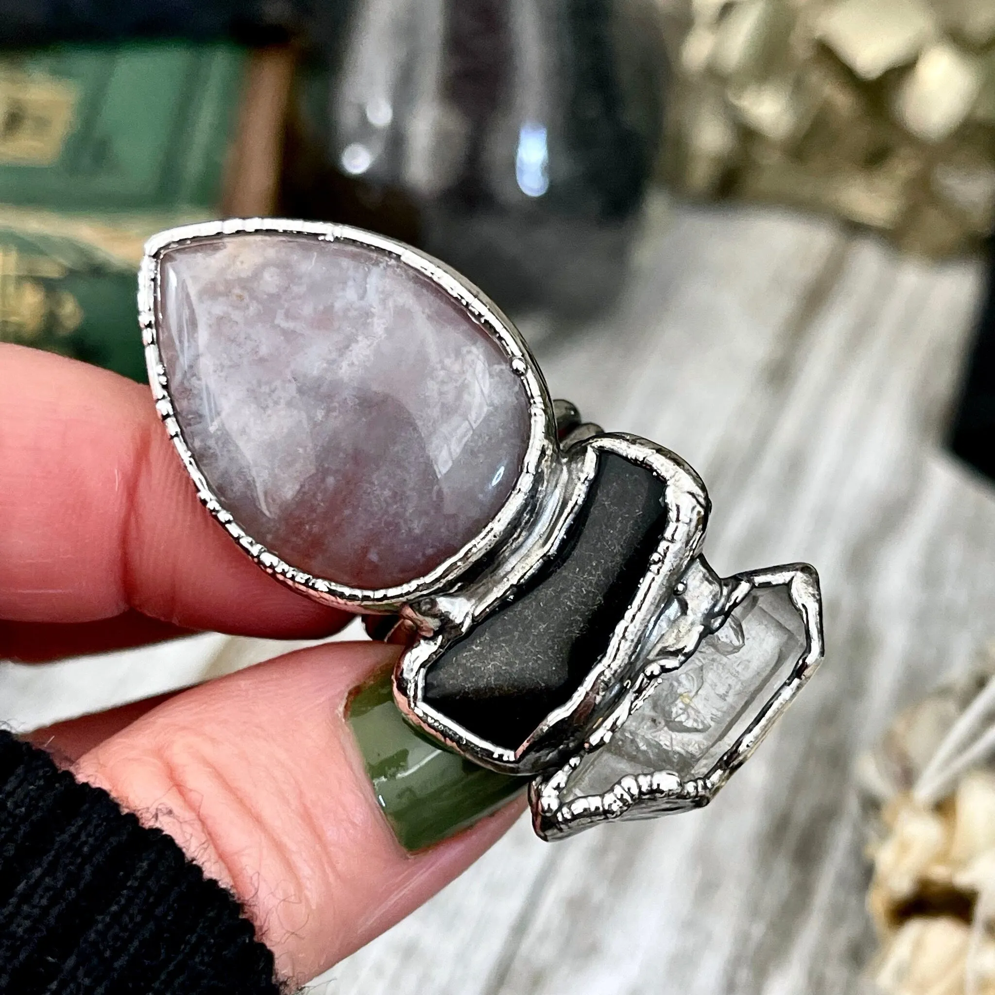 Size 8.5 Crystal Ring - Three Stone Ring Fancy Moss Agate Black Onyx & Raw Quartz Silver Ring / Foxlark Collection - One of a Kind Jewelry