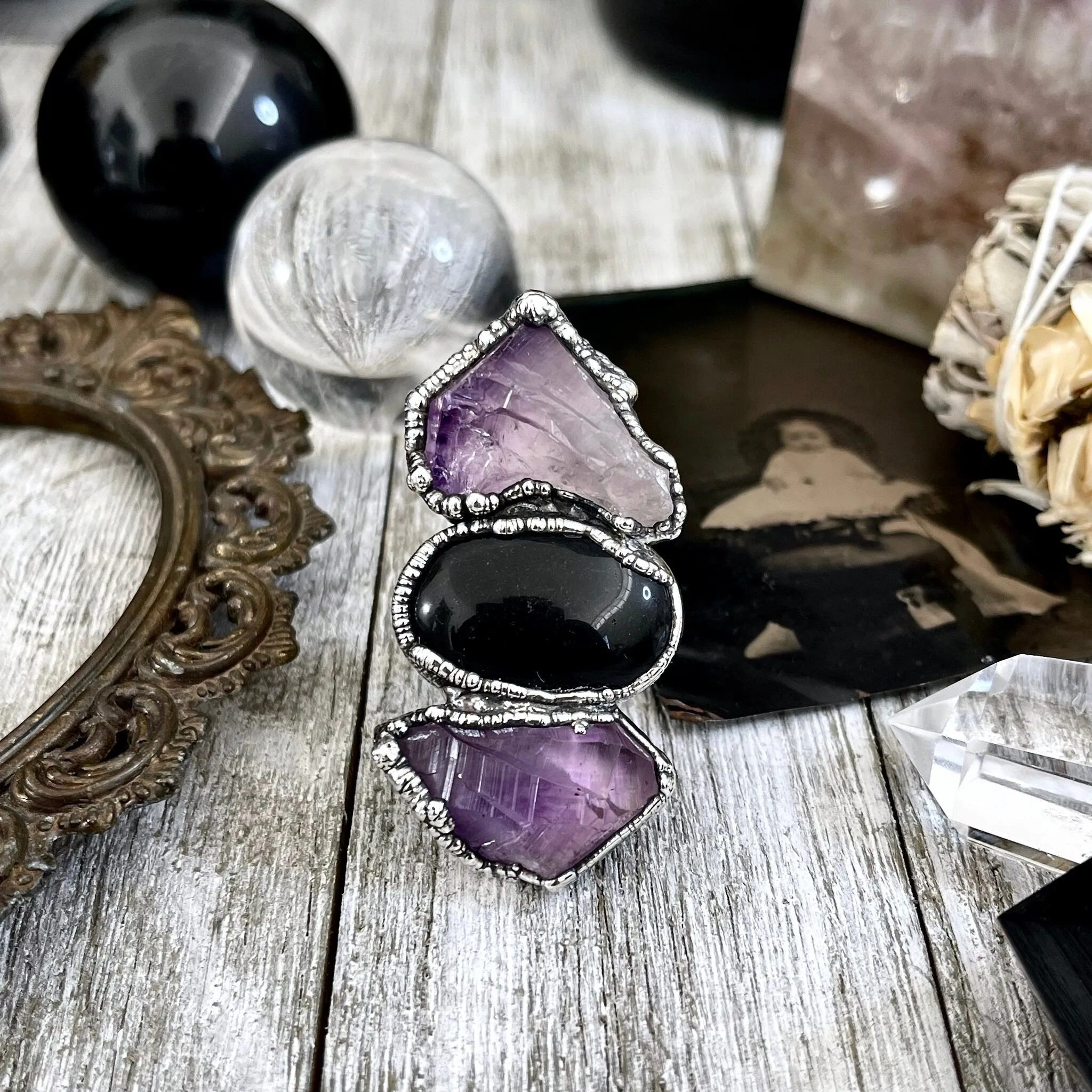 Size 9.5 Three Stone Ring- Amethyst Black Onyx Crystal Ring Fine Silver / Foxlark Collection - One of a Kind