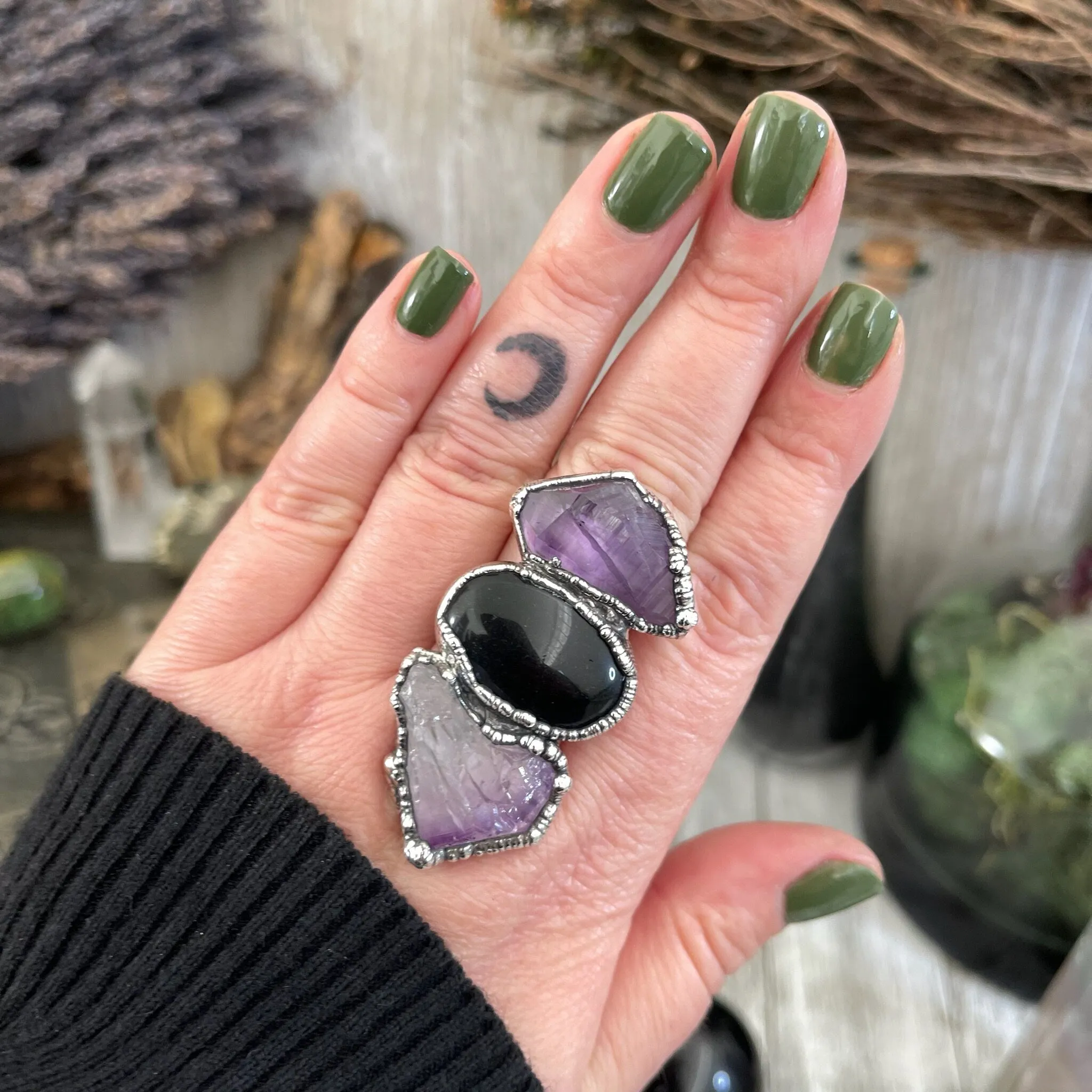 Size 9.5 Three Stone Ring- Amethyst Black Onyx Crystal Ring Fine Silver / Foxlark Collection - One of a Kind