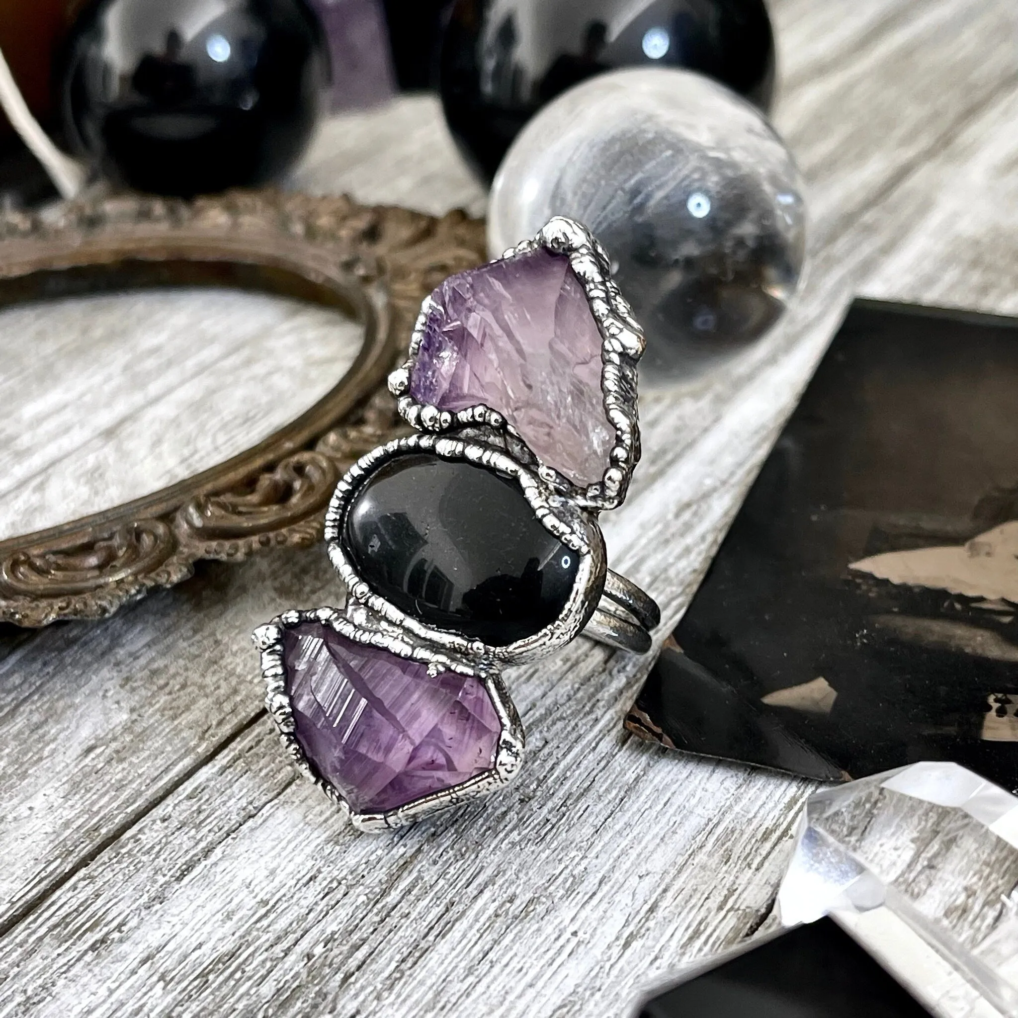 Size 9.5 Three Stone Ring- Amethyst Black Onyx Crystal Ring Fine Silver / Foxlark Collection - One of a Kind