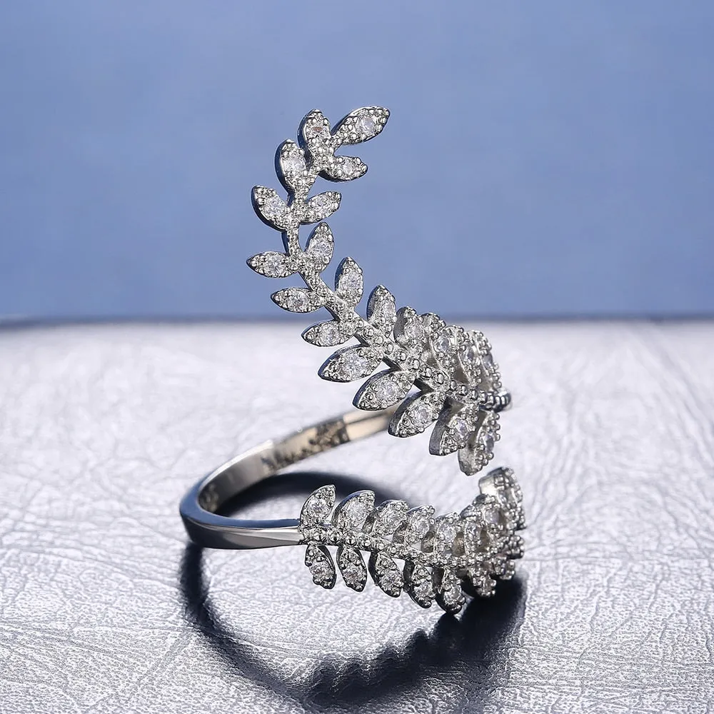 Sterling Silver Open Leaf Design Cubic Zirconia Ring