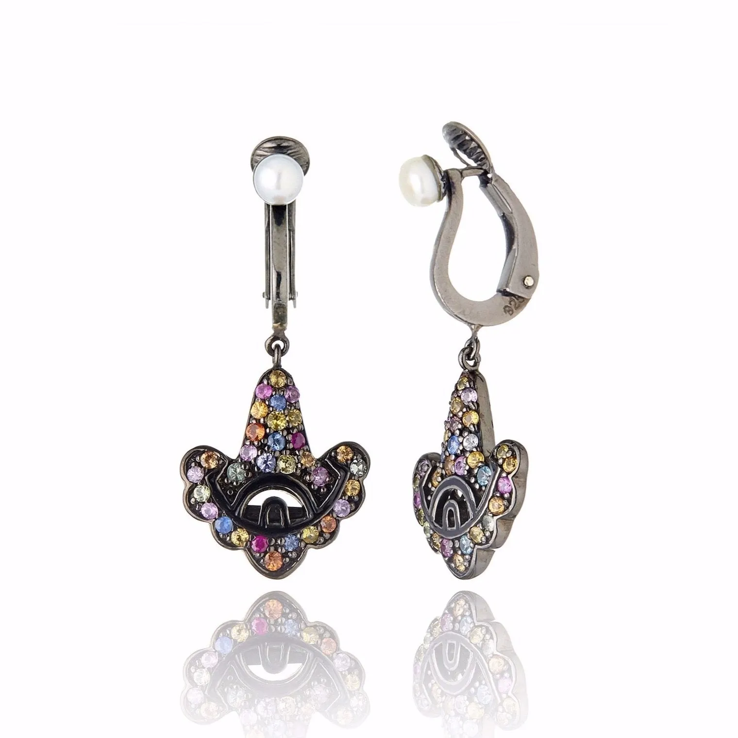 Sterling Silver Statement Earring Clips With Black Enamel, Mixed Sapphires & White Pearl