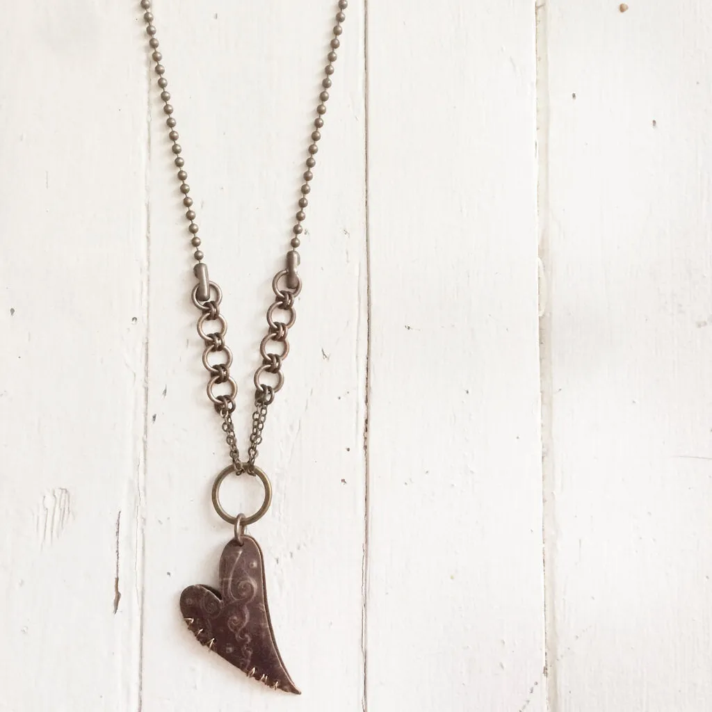 stitched // steampunk natural brass sewn heart necklace