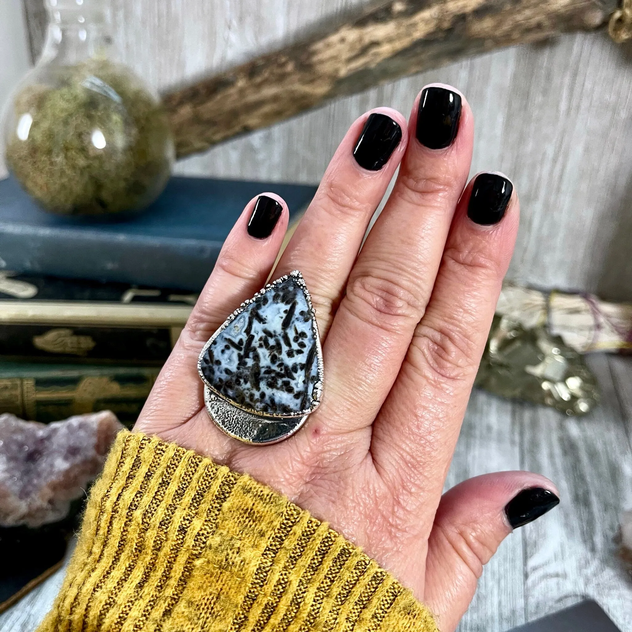 Unique Size 7 Large Blue Fossilized Palm Root Statement Ring in Fine Silver / Foxlark Collection - One of a Kind