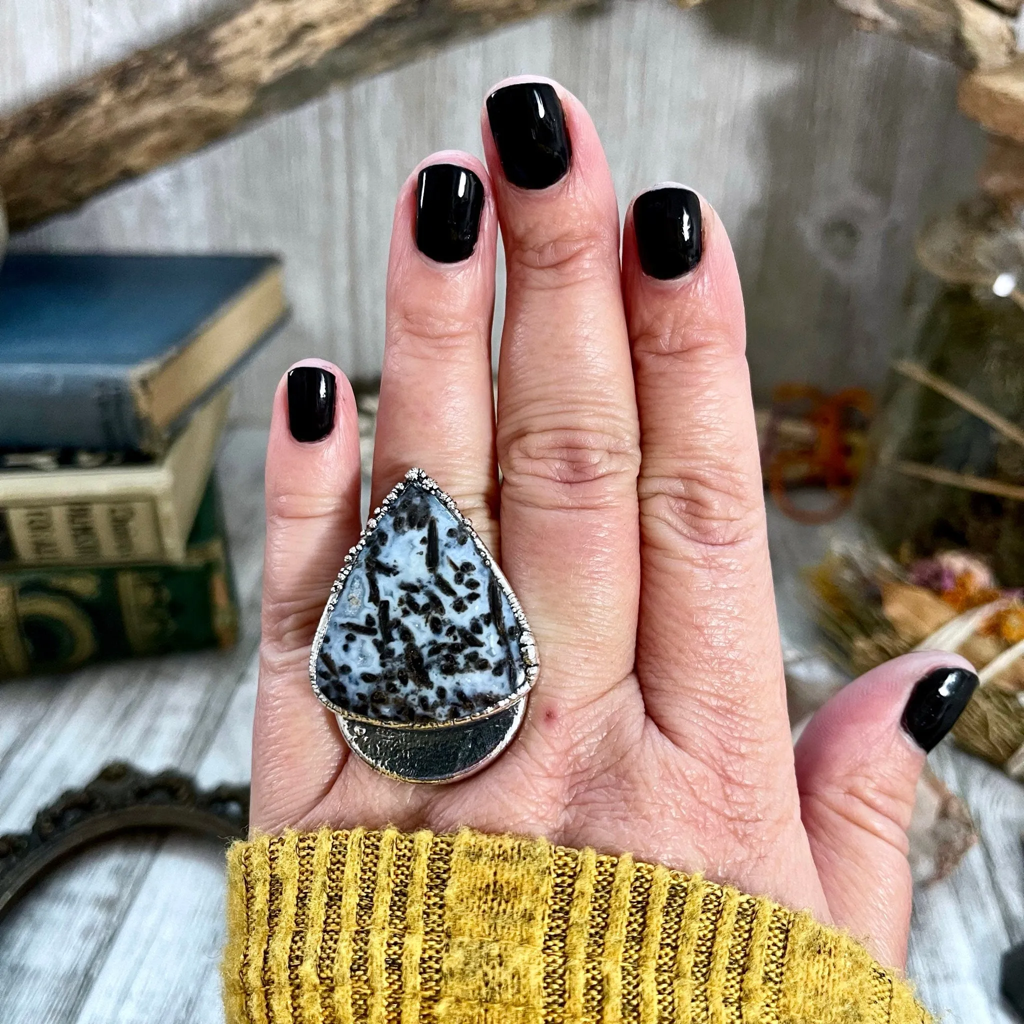 Unique Size 7 Large Blue Fossilized Palm Root Statement Ring in Fine Silver / Foxlark Collection - One of a Kind